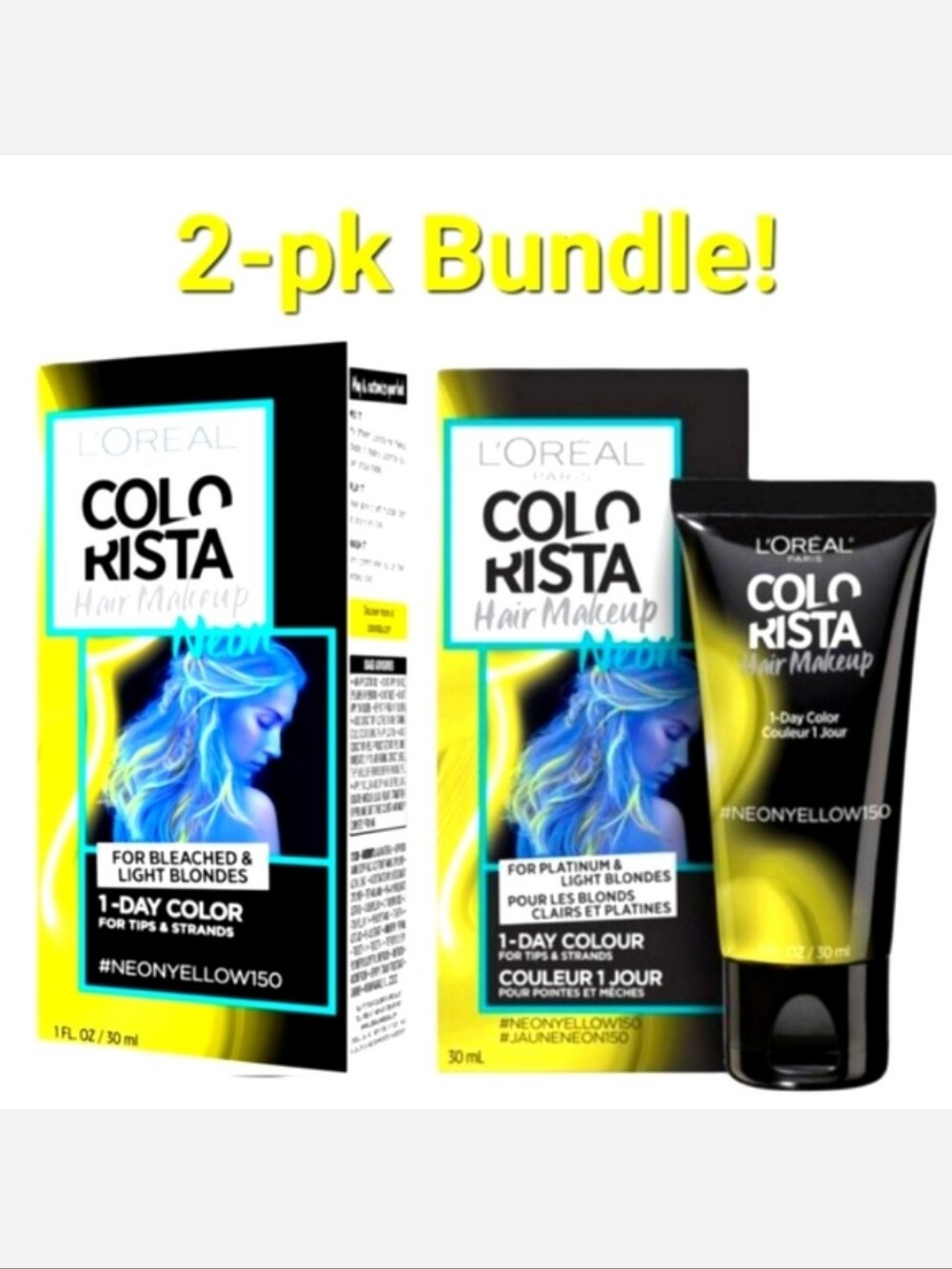 NWT 》2×《 L'Oréal COLORISTA Hair Makeup Neon YELLOW For Light Blondes!